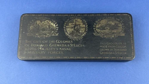 WW1 British chocolate gift tin lid showing Trinidad Grenada and St Lucia crests with colonial presentation inscription