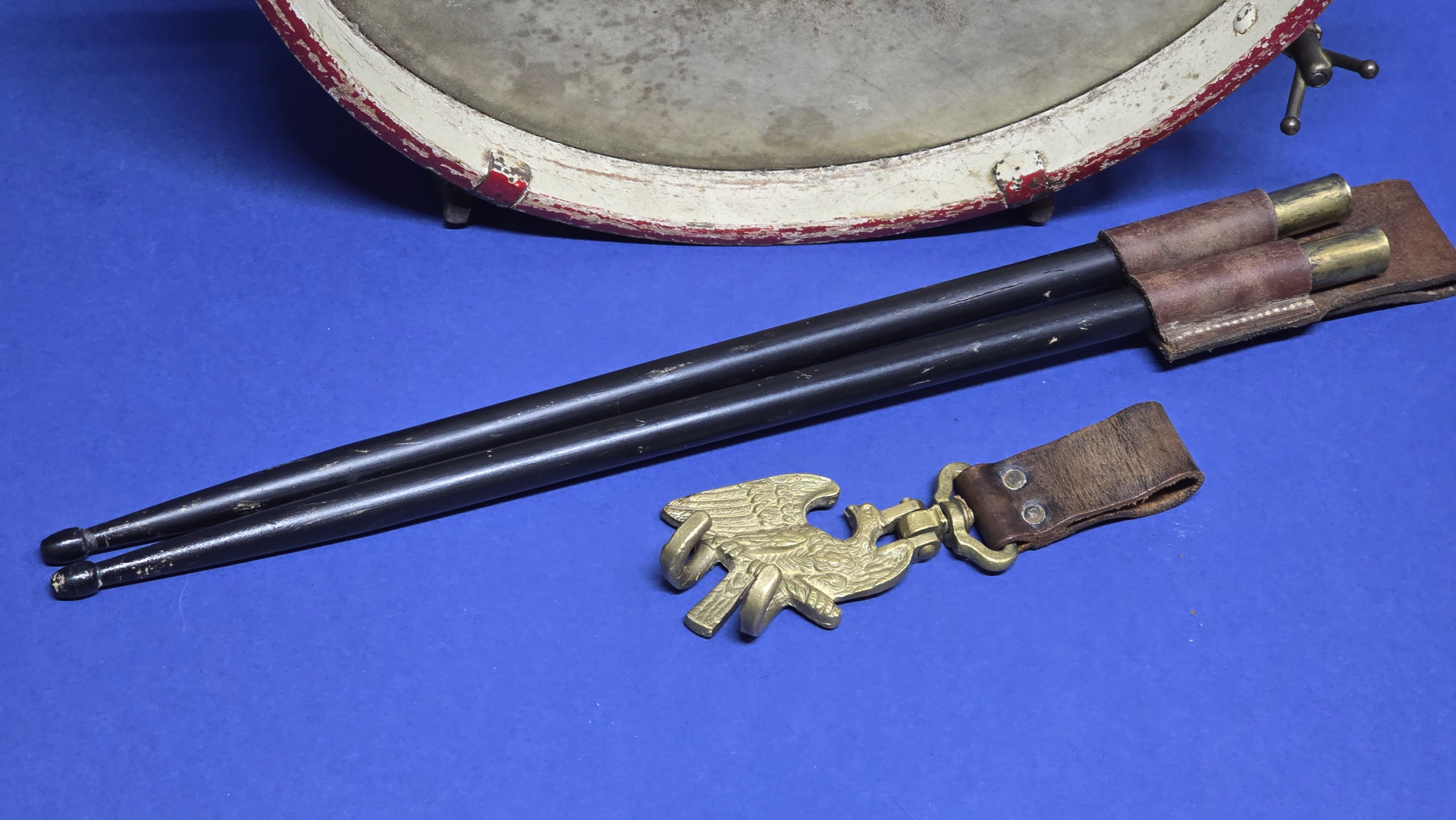 Hitler Youth Drum Set (Complete With Original Drumsticks, Leather Frog & Eagle Hanger) - Image 3