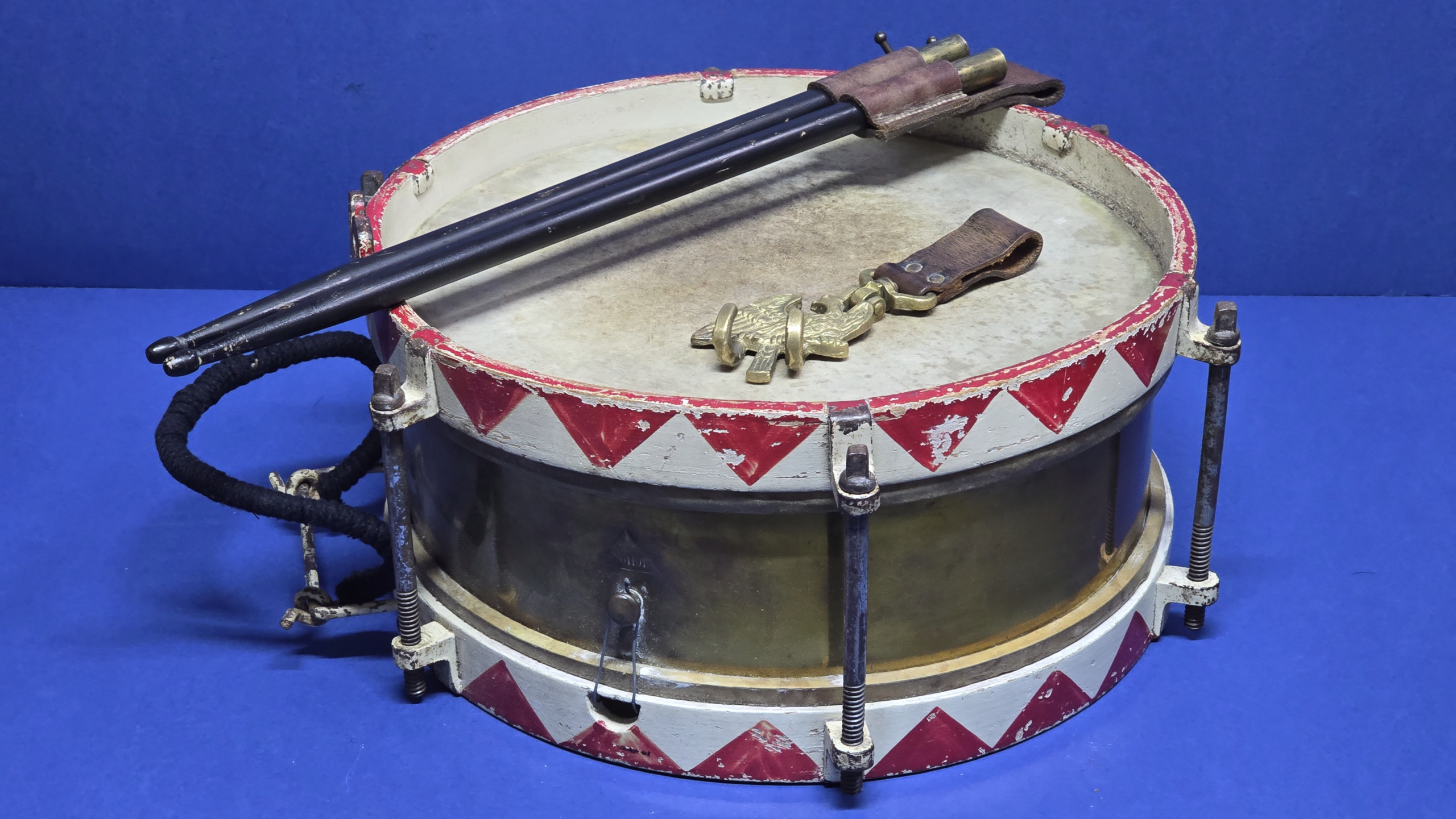 Hitler Youth Drum Set (Complete With Original Drumsticks, Leather Frog & Eagle Hanger)
