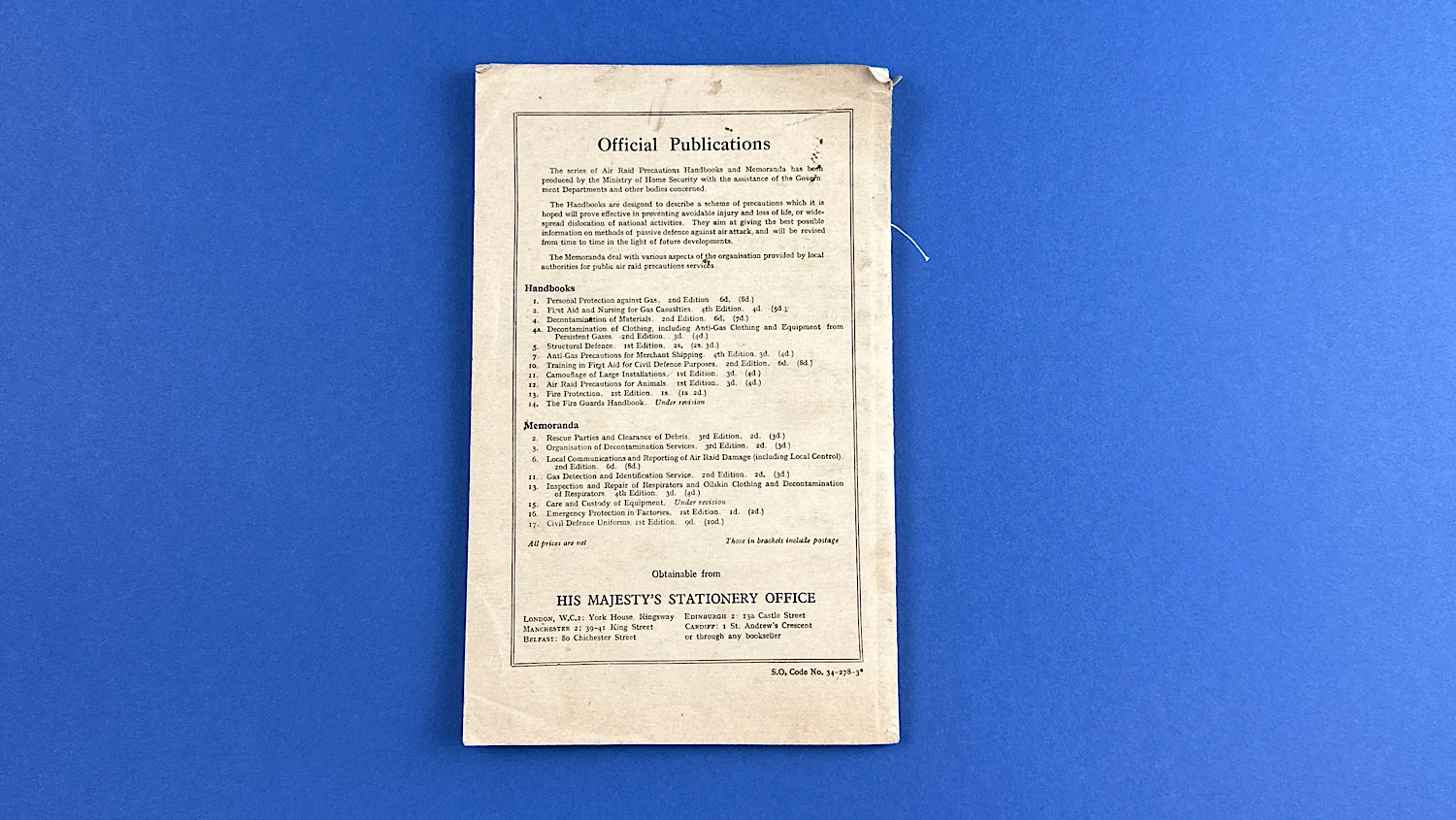 Rear cover of the WW2 ARP Rescue Service Manual displaying the list of official ARP publications