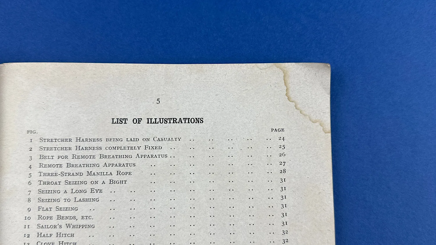 Interior page of the WW2 ARP Rescue Service Manual showing the List of Illustrations and visible staining on the upper edge.
