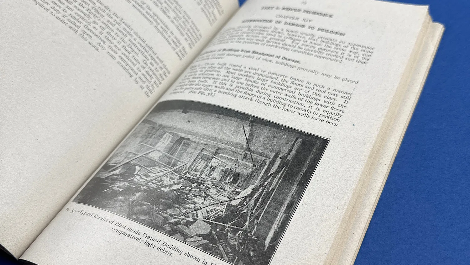 Angled view of an interior illustration in the WW2 ARP Rescue Service Manual showing blast damage inside a building.