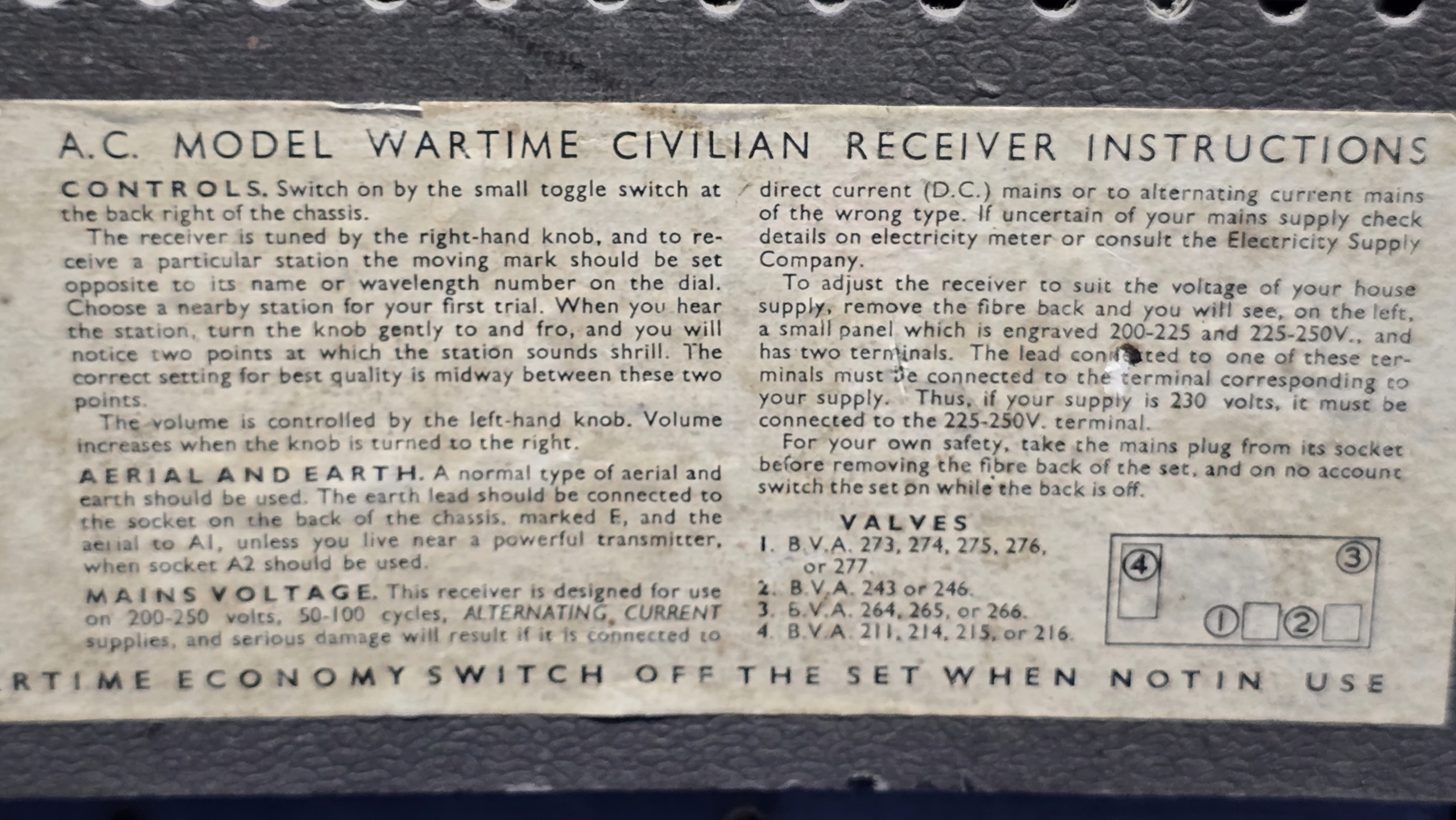 WW2 British Civilian Radio - AC Model - instructions