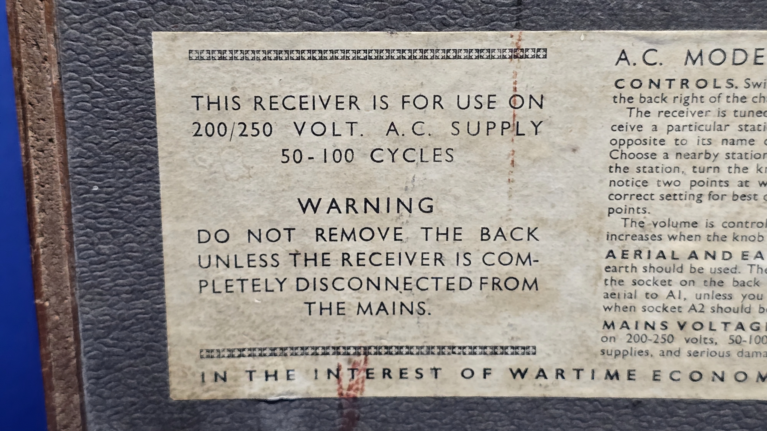 WW2 British Civilian Radio - AC Model - rear sticker