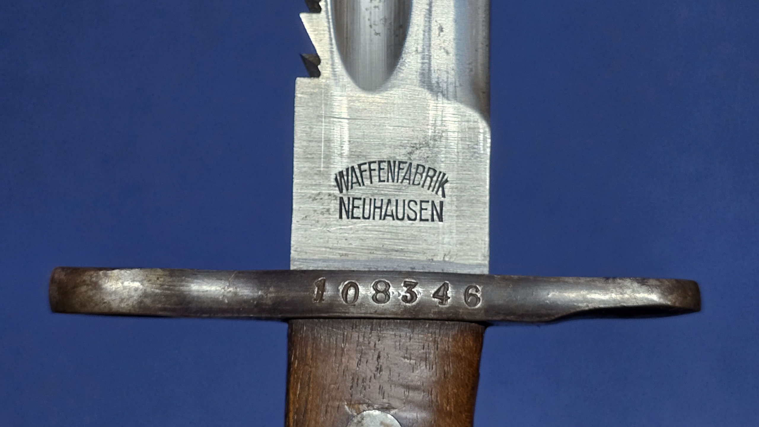 WW2 Swiss M1914 Sawback Bayonet - Maker close up