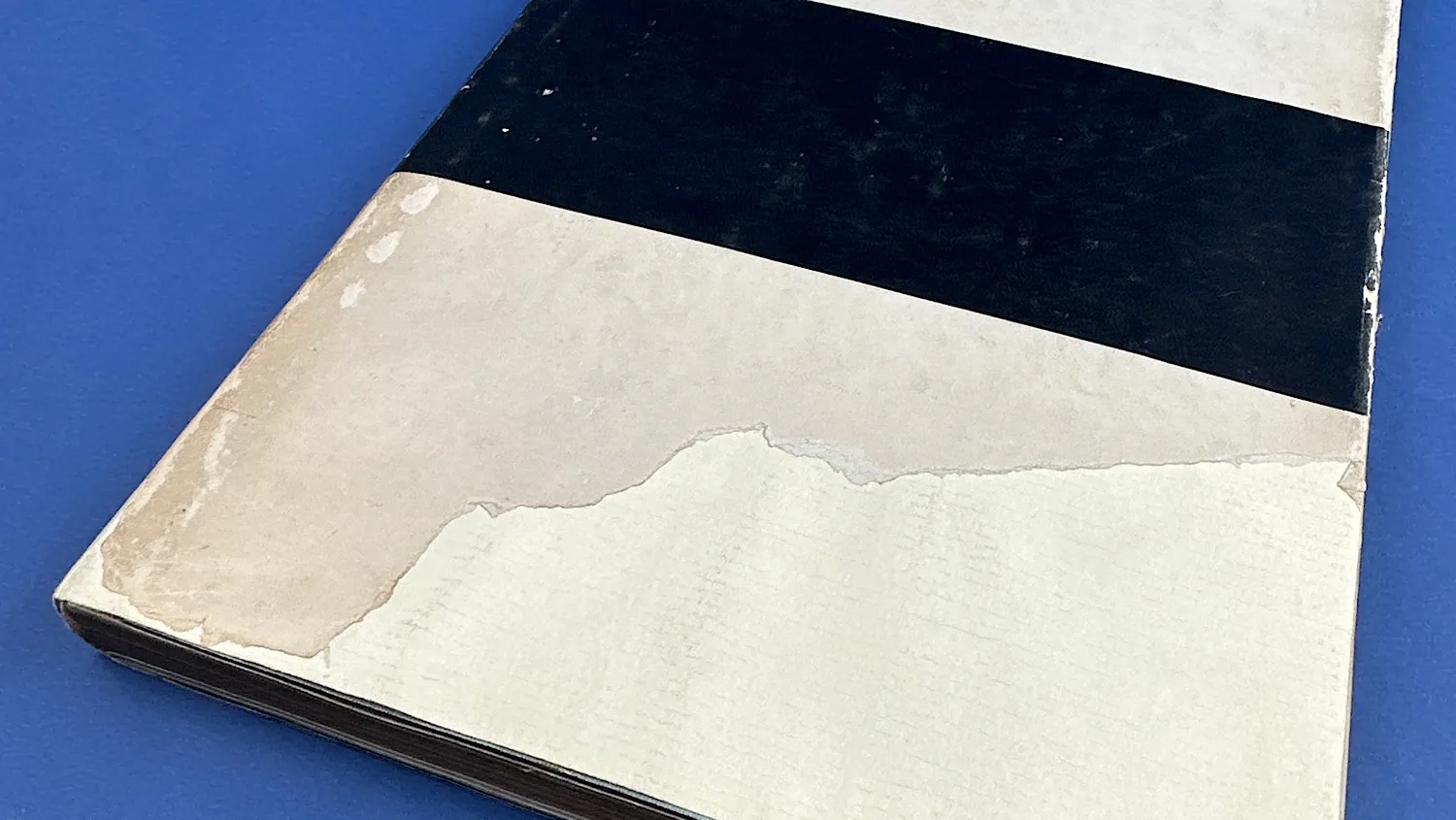 Close-up of back cover of Bureaucrats in Battledress showing a large area of surface paper loss on the outer layer