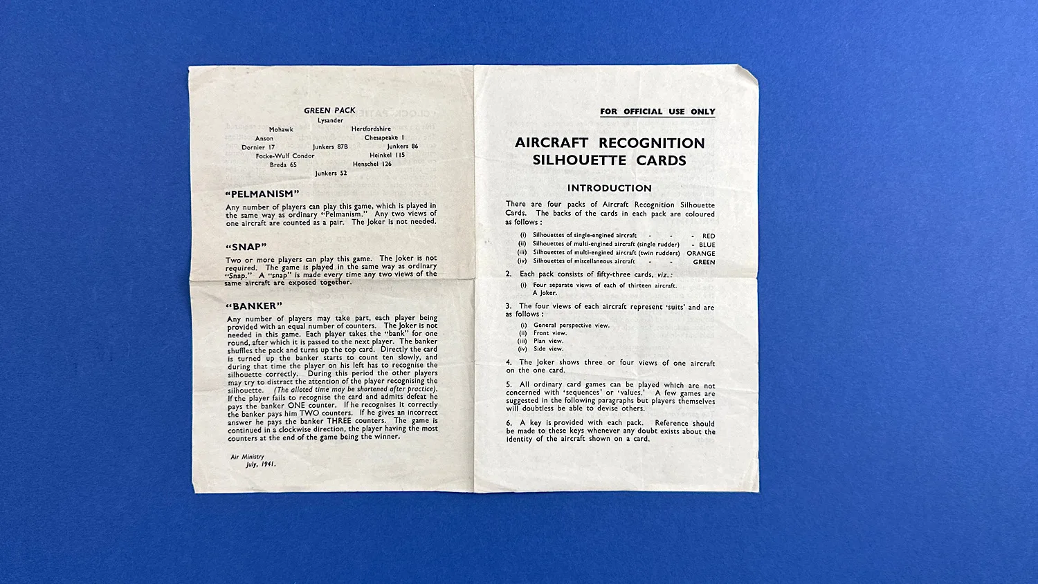 Close-up of WW2 Aircraft Recognition Silhouette Cards introduction sheet showing layout and text