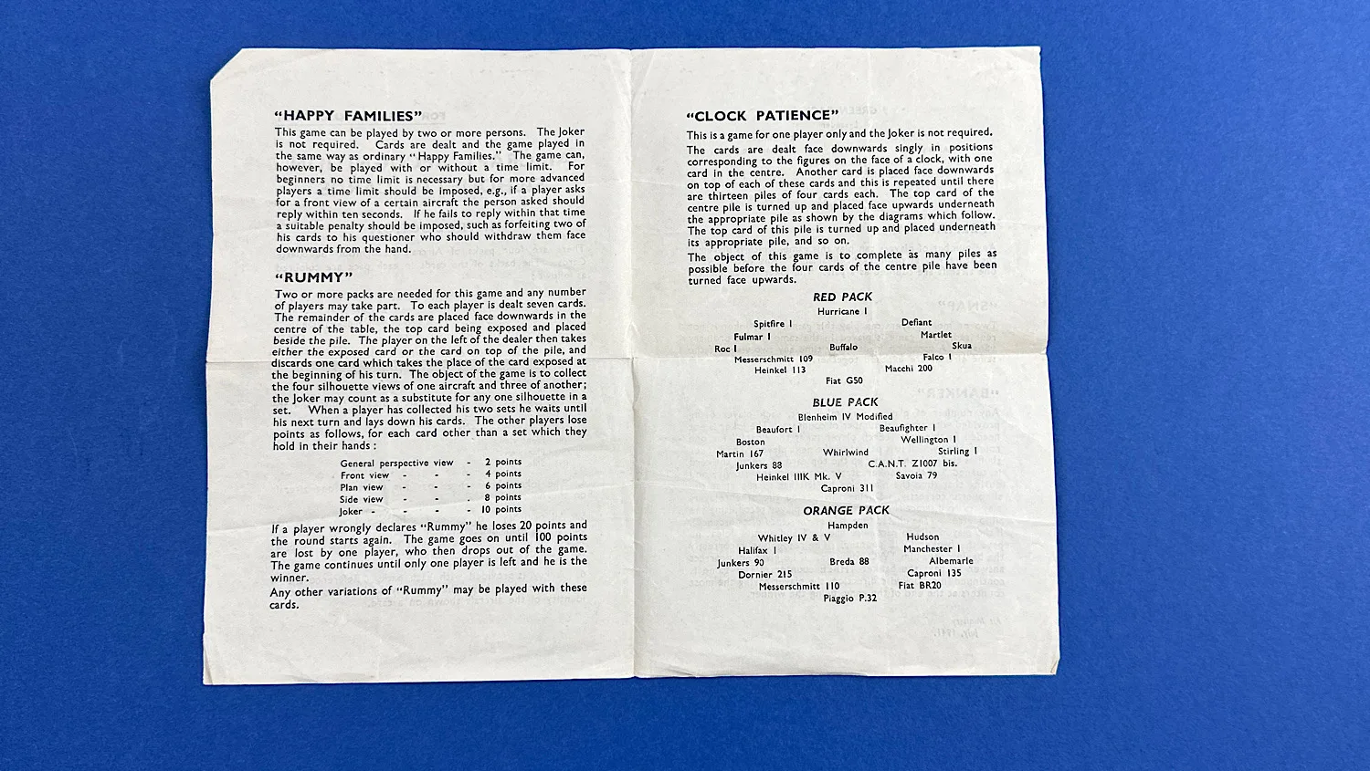 Reverse side of WW2 Aircraft Recognition Silhouette Cards introduction sheet showing game instructions and aircraft lists