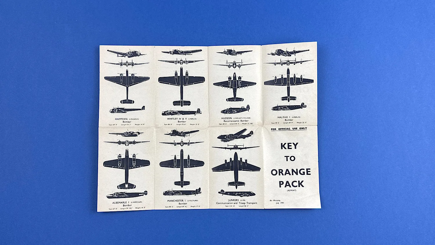 Key to Orange Pack sheet unfolded showing multiple aircraft silhouette diagrams and identification views