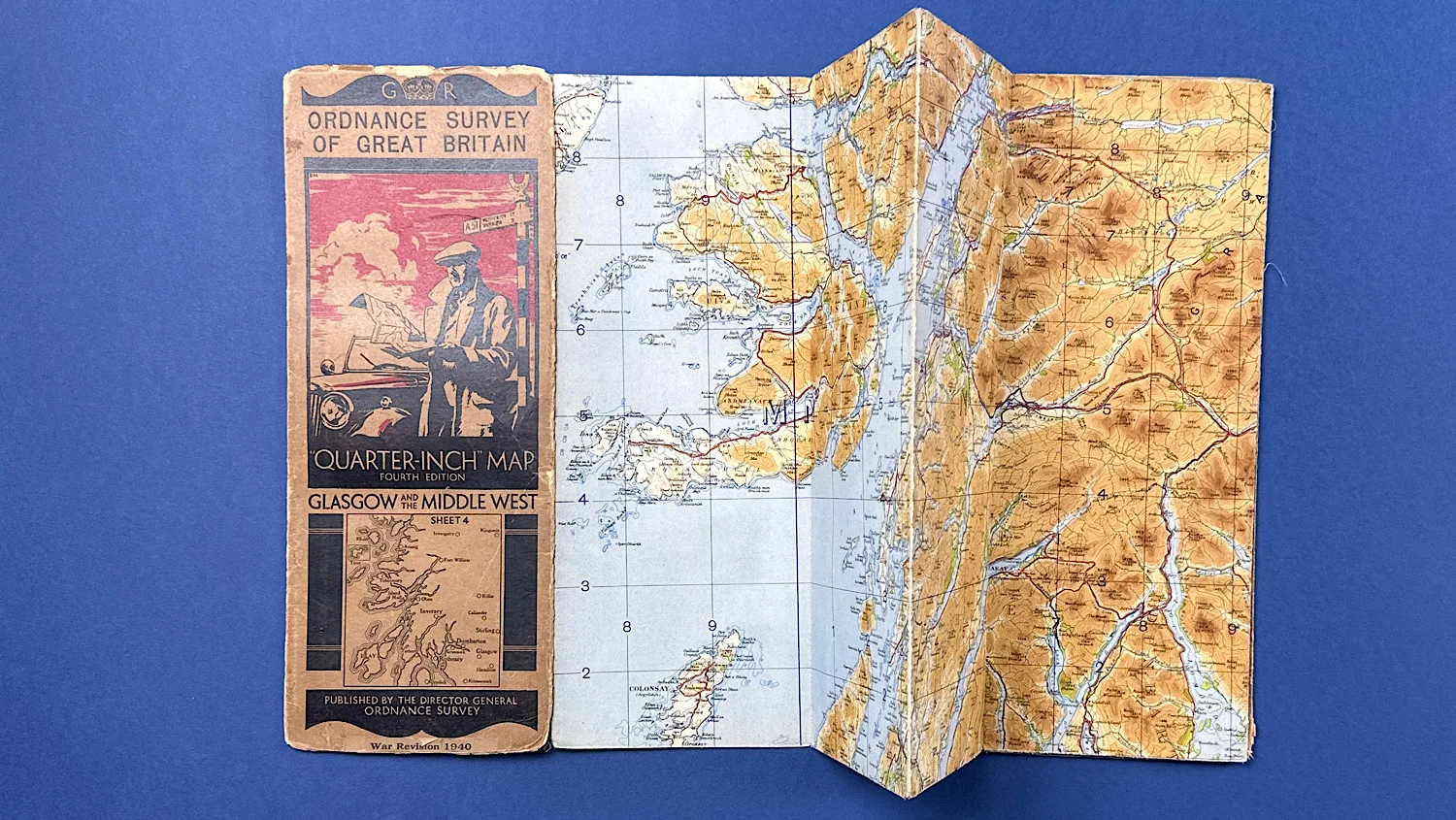 WW2 Ordnance Survey quarter inch map fully unfolded showing Glasgow and the Middle West War Revision 1940 Home Front map coverage