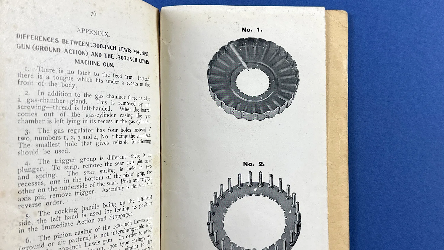 Interior page showing appendix text and diagrams of Lewis Gun components