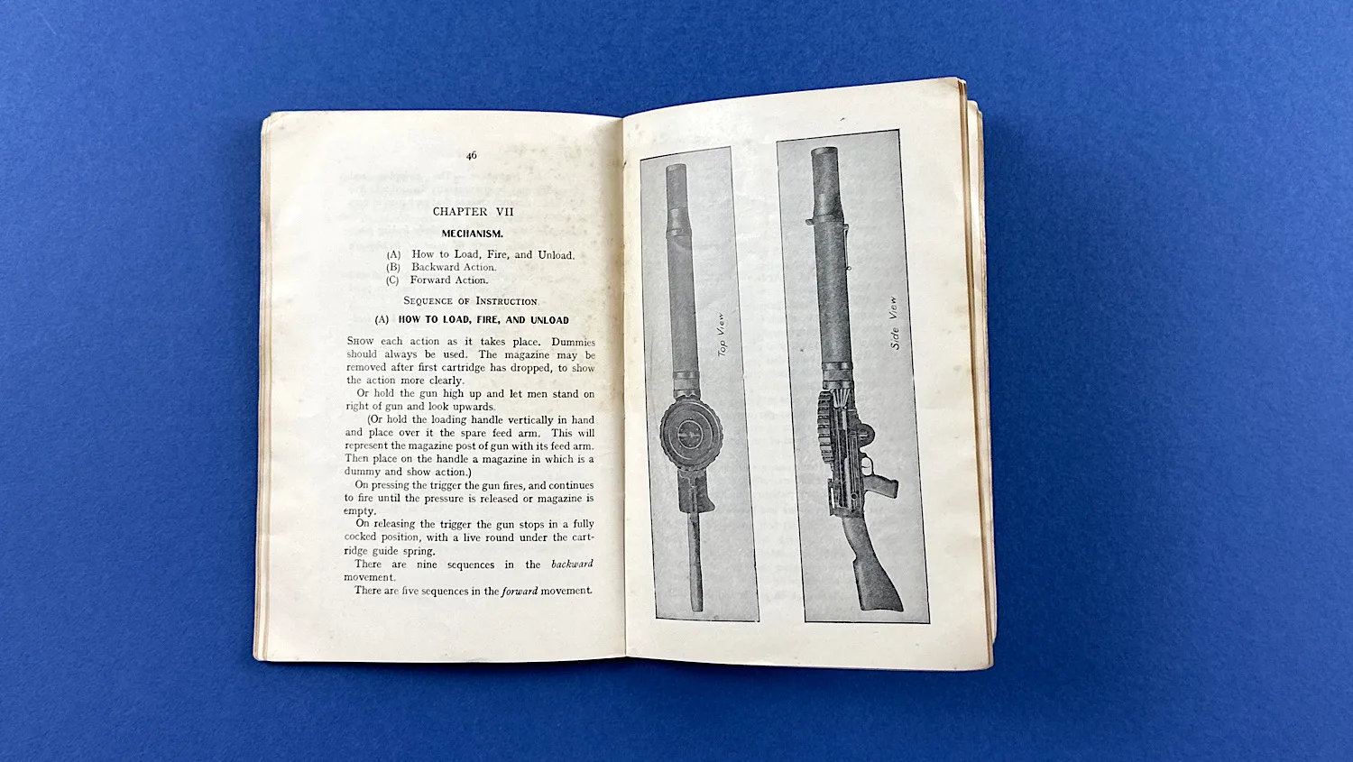 Open pages of The Complete Lewis Gunner showing Chapter VII mechanism text and Lewis Gun diagrams