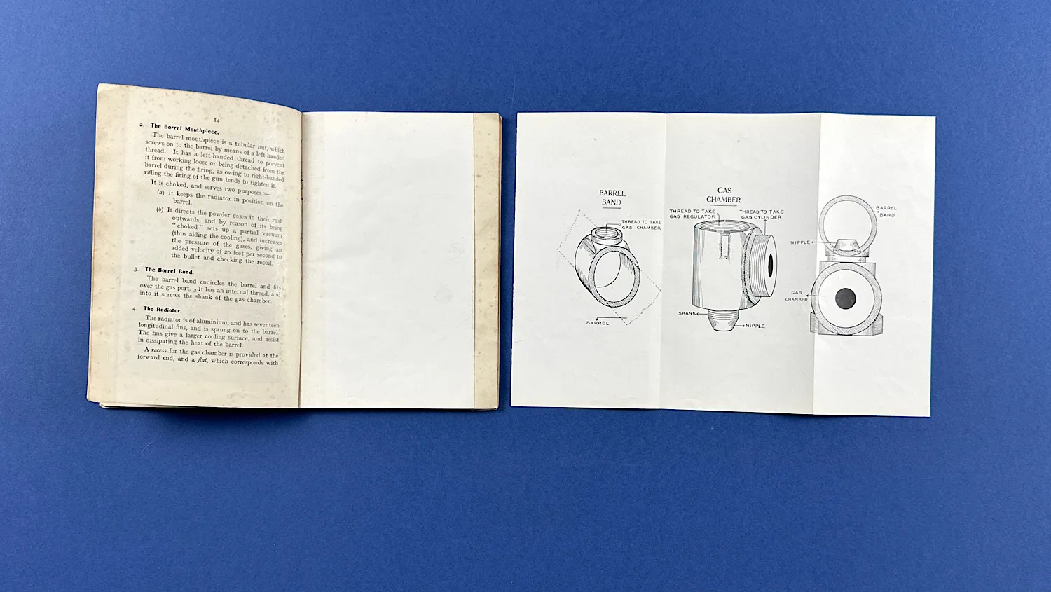 Open booklet showing text on barrel components alongside folded technical diagram sheet