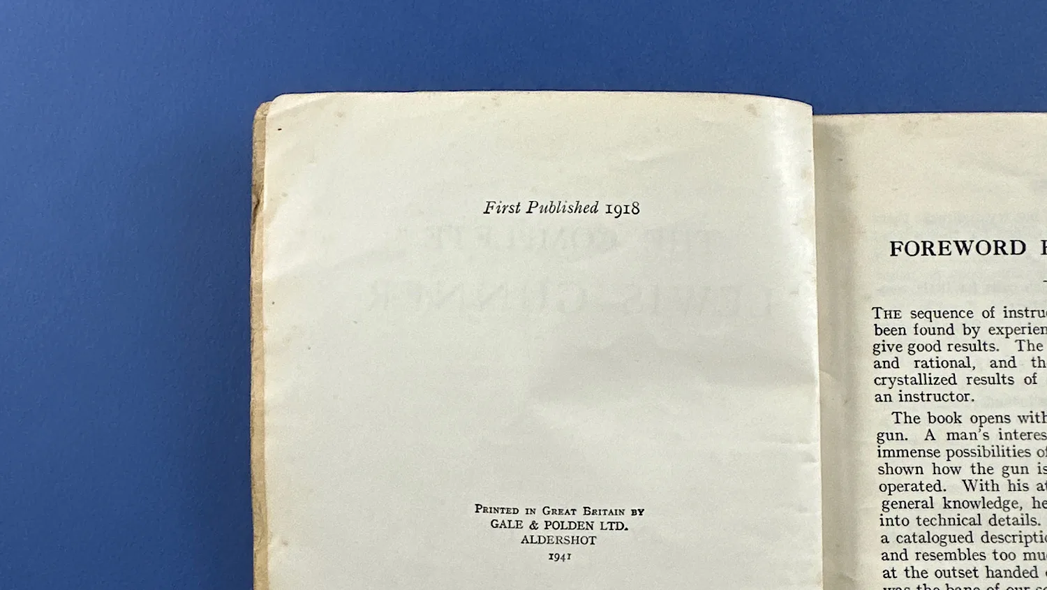 Page showing first published 1918 note and start of foreword inside The Complete Lewis Gunner