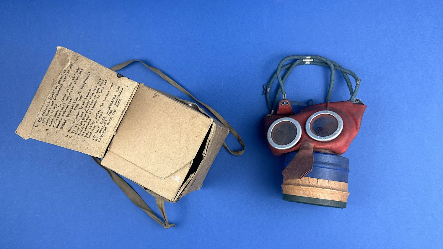 British Civil Defence child’s Mickey Mouse type gas mask with cardboard box Home Front civilian respirator set