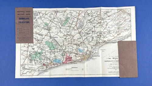 1911 British military map of Shorncliffe and Folkestone fully opened showing coloured terrain and road network with original Whitehall Series covers present