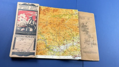 Partially unfolded WW2 Ordnance Survey quarter inch map showing Eastern Highlands with original cover and index panel attached