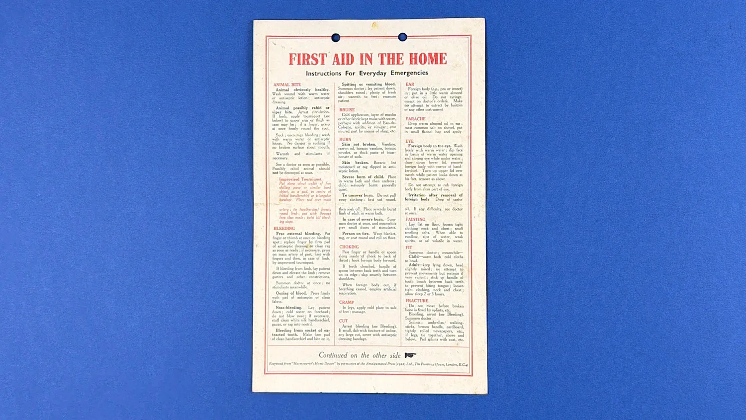 British Home Front first aid instruction sheet titled First Aid in the Home showing printed guidance for everyday civilian emergencies