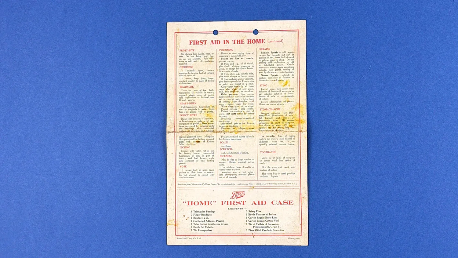 British Home Front Boots “Home” First Aid Case instruction sheet reverse showing continued first aid guidance and original printed contents list