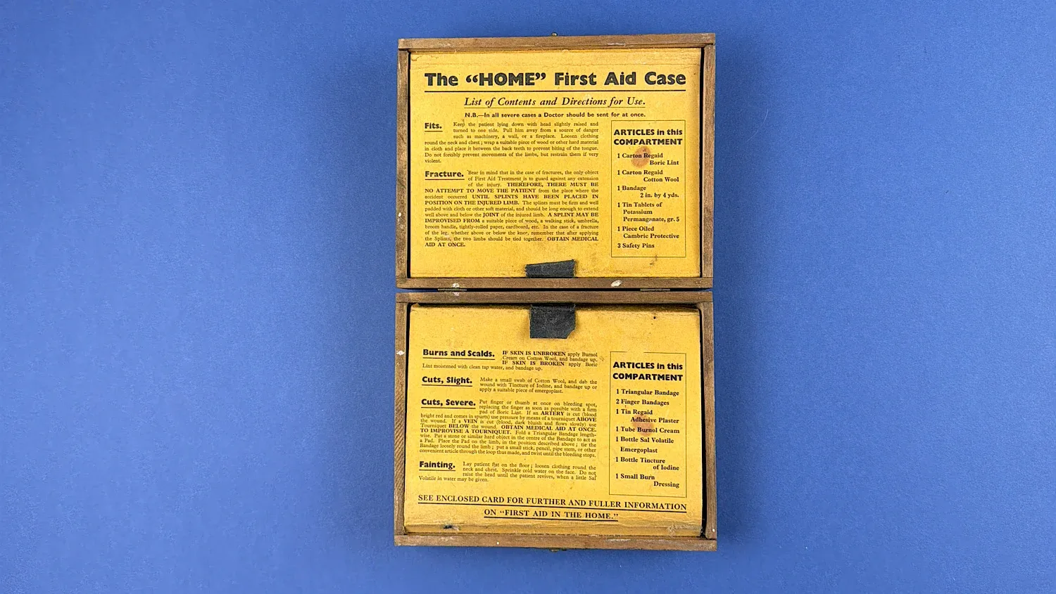 British Home Front Boots “Home” First Aid Case interior shown open with original printed instruction panels intact