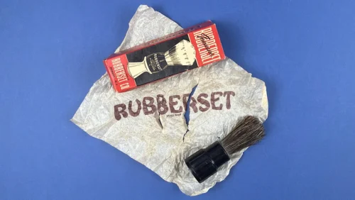 Original WW2 American Home Front Rubberset shaving brush with original box and branded paper packaging displayed together
