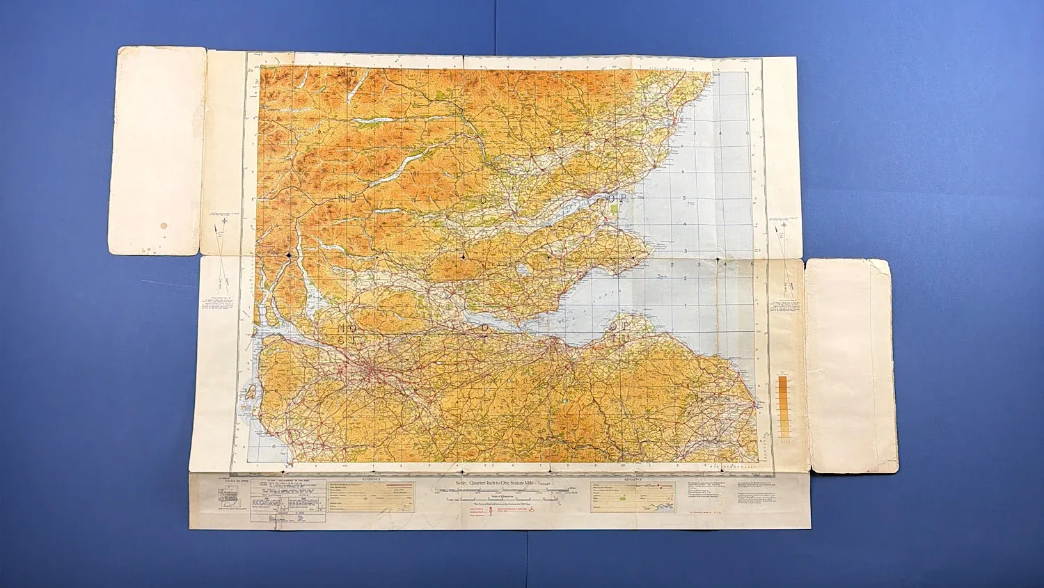 Unfolded WW2 Ordnance Survey quarter inch map showing The Forth Clyde and Tay region with coastal areas rivers and road network visible
