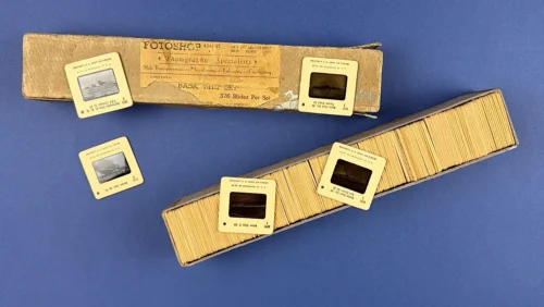 Original Fotoshop Basic Ship Set slide box with selection of mounted WW2-era photographic slides displayed alongside