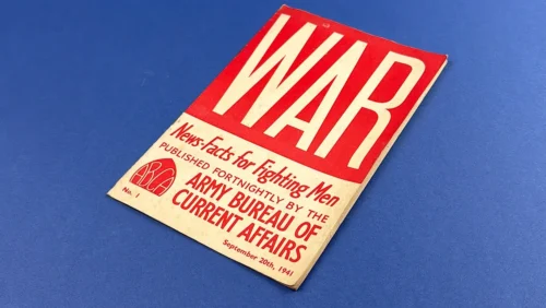 Original WW2 British Home Front propaganda pamphlet WAR Issue No.1 showing front cover with bold red and white design and ABCA publication details dated September 1941