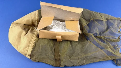 WW2 British WD 1944 helmet mosquito net displayed with original carton box