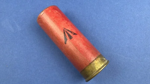 WW2 British Eley Kynoch 12 Bore solid ball cartridge with red paper case and brass head