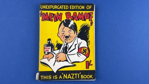 WW2 British anti Nazi satirical booklet Mein Rampf front cover cartoon of Hitler writing with swastika armband Home Front propaganda