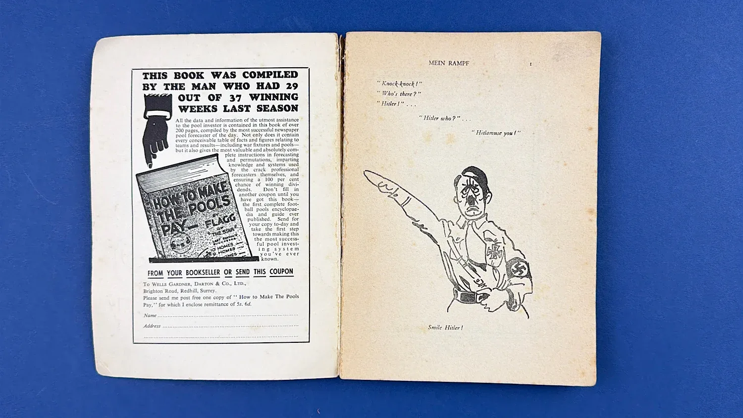 WW2 British Mein Rampf satirical booklet open pages showing cartoon of Hitler with salute and Smile Hitler caption Home Front propaganda