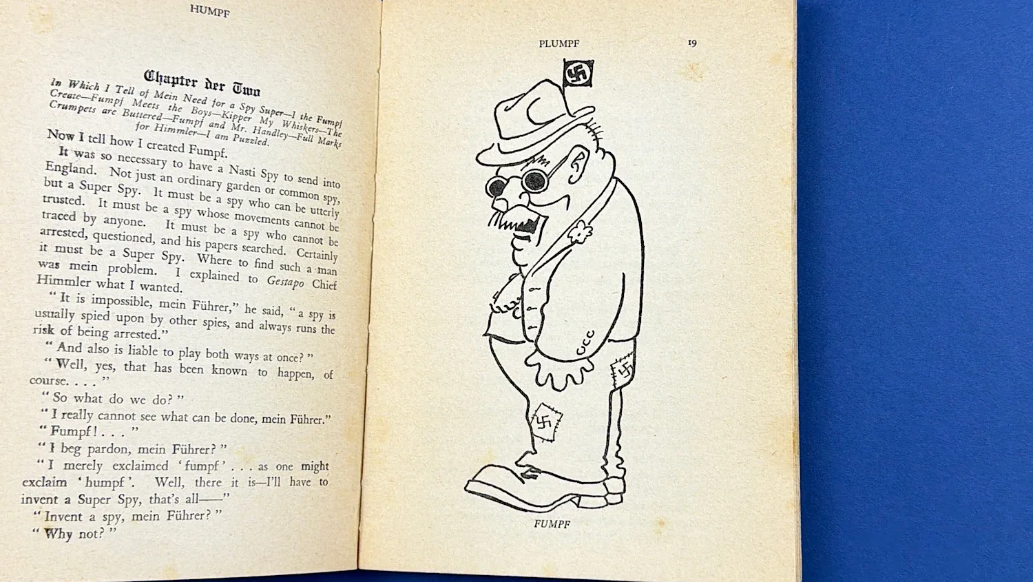 WW2 British Mein Rampf satirical booklet open pages showing cartoon character Fumpf parody illustration Home Front propaganda