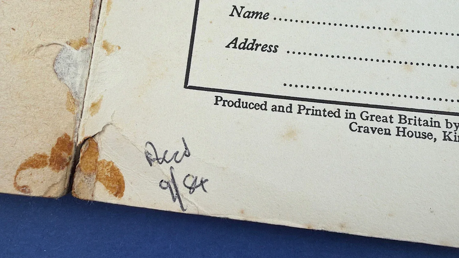 Close up of interior page showing handwritten marking and staining to WW2 Mein Rampf satirical booklet Home Front ephemera