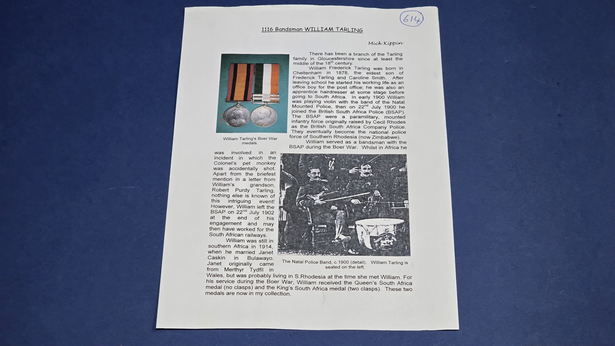 Boer War QSA & KSA Pair to Bandsman William Frederick Tarling – British South Africa Police, With Research File