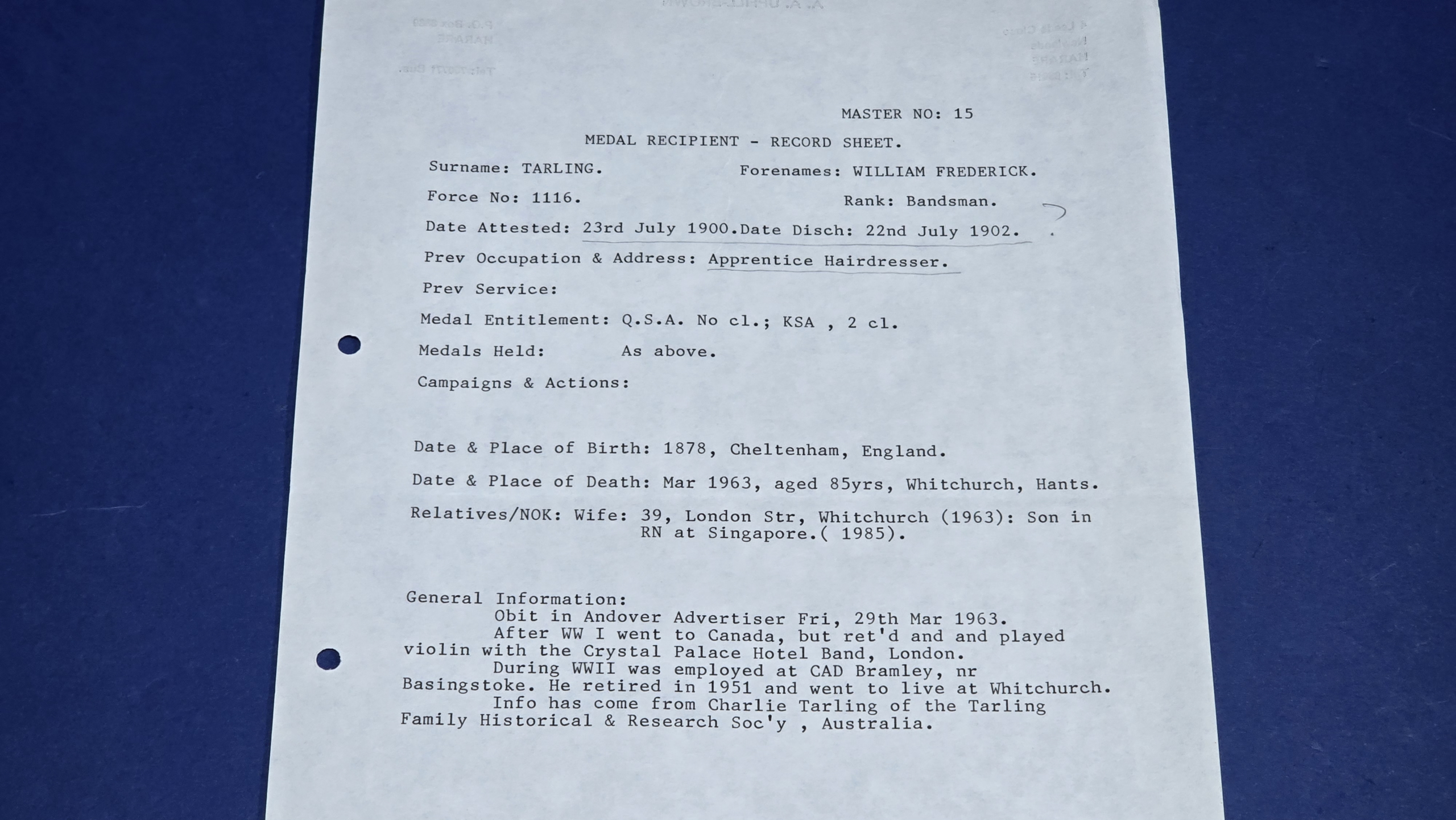 Boer War QSA & KSA Pair to Bandsman William Frederick Tarling – British South Africa Police, With Research File