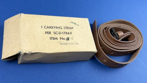 WW2 US Signal Corps boxed carrying strap showing leather strap and fastening detail