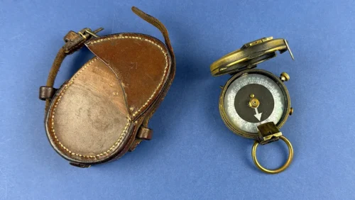 WW1 British prismatic compass with leather case 1918 dated broad arrow military compass set