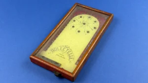 WW1 Bulletelle trench game in wooden case angled view showing intact glass and playing surface