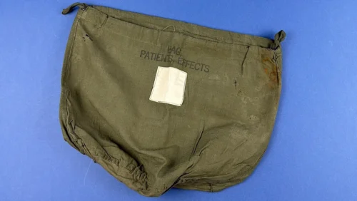 WW2 US Army patients effects bag front view with stencil marking and white ID panel