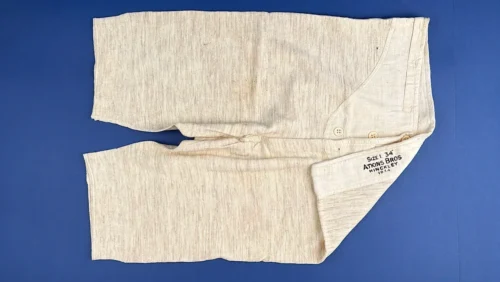 WW2 British Army 1944 woollen drawers laid flat front view with clear Atkins Bros Hinckley marking