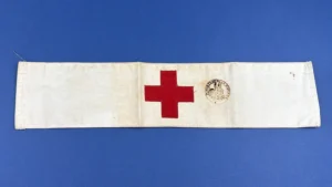 WW2 U.S. Army Medical Department Red Cross brassard armband full front view with applied red cross and circular stamp