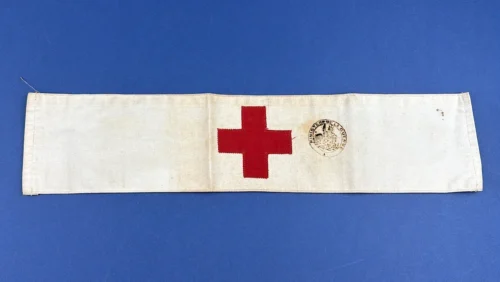 WW2 U.S. Army Medical Department Red Cross brassard armband full front view with applied red cross and circular stamp