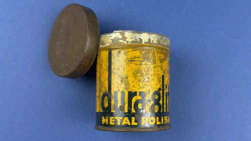 WW2 British Dura-Glit War-Time Pack metal polish tin with removable lid and original yellow advertising finish