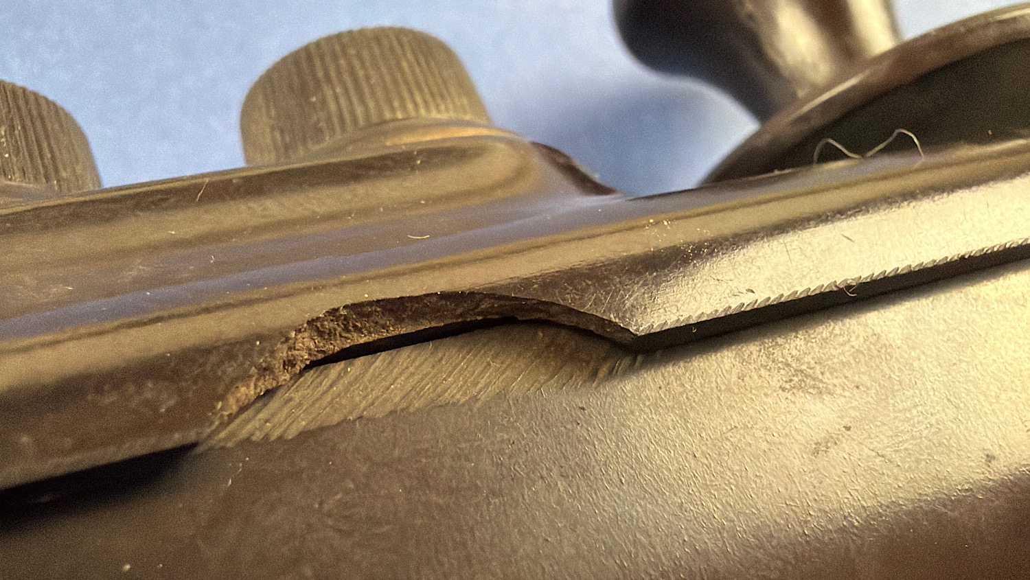 Close up of the chipped casing edge on the RAF aircraft Morse key