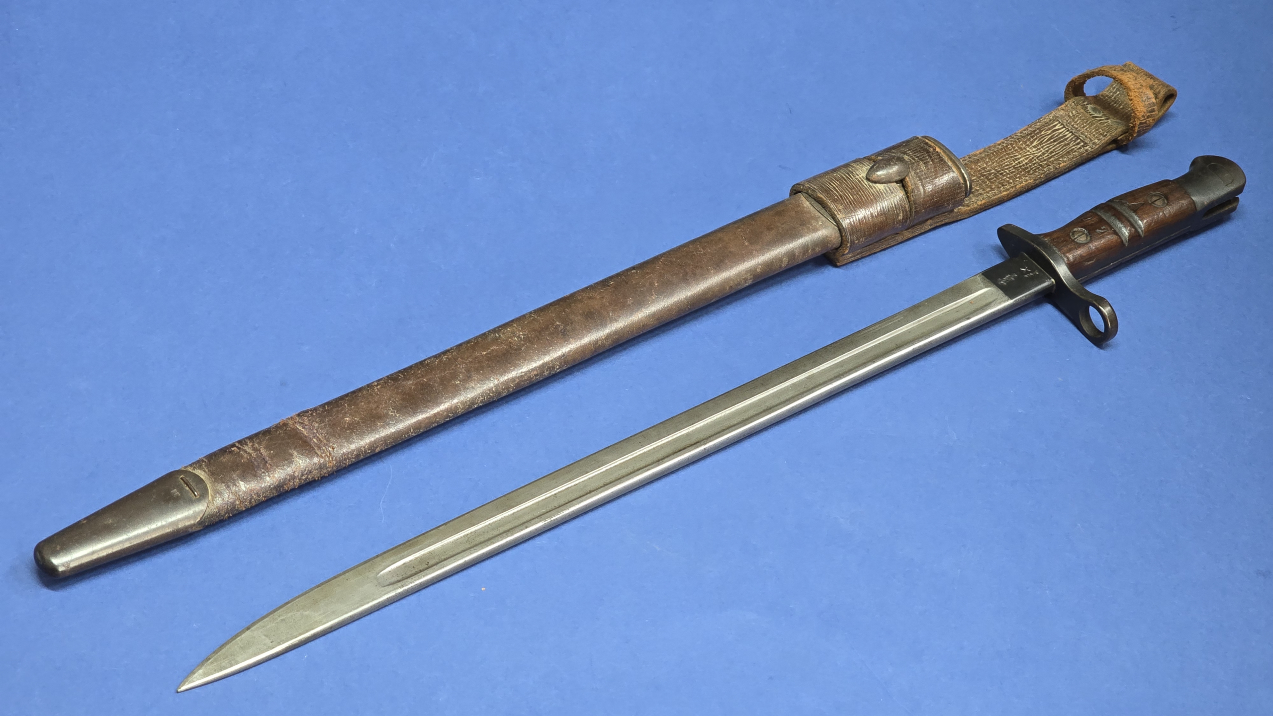 Remington Pattern 1913 Bayonet Dated March 1916 with Original Brown Leather Scabbard & Period Frog