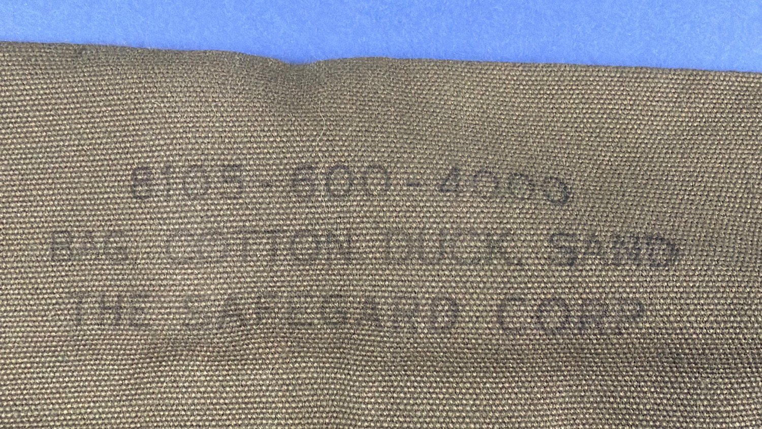 Original printed Safeguard Corp markings on WW2 U.S. Army cotton duck sandbag