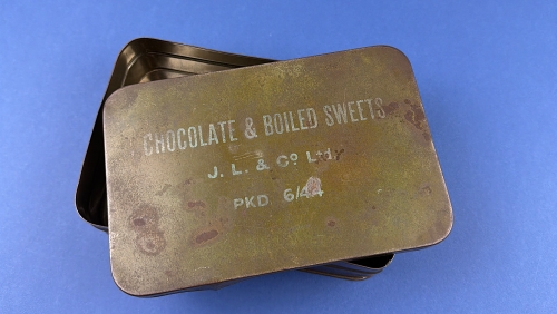 WW2 British Chocolate & Boiled Sweets ration tin with June 1944 packing date visible on lid