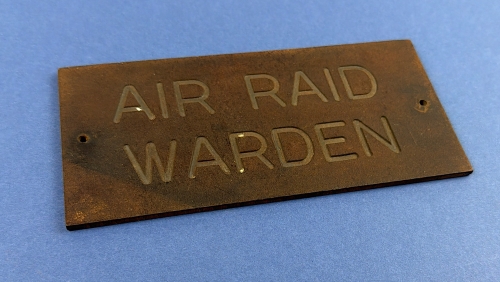 Air Raid Warden plaque with recessed lettering and mounting holes