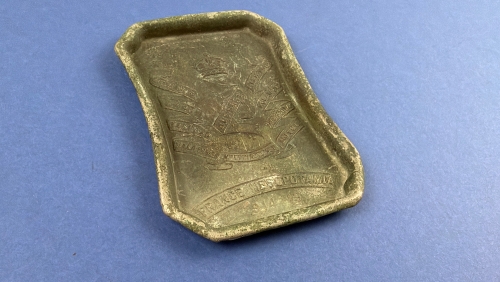 Original WW1 13th Hussars commemorative tray displaying regimental badge and France Mesopotamia 1914–19 battle honours.